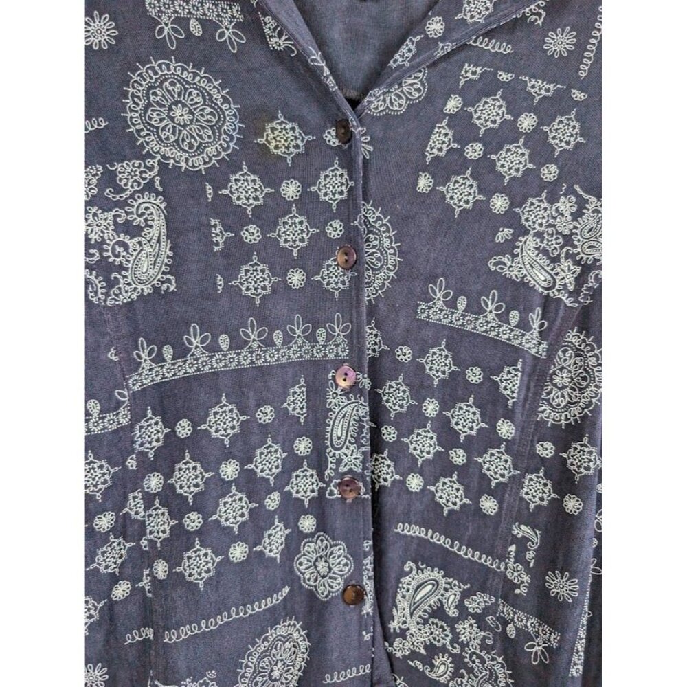 BOHO Navy Blue Patterned Button-Front Blouse - Picture 4 of 7
